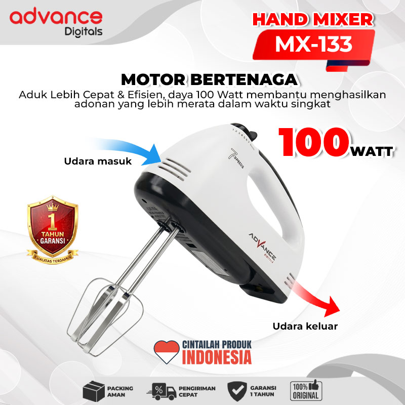 Advance Digitals MX-133 Electric Mixer Pengaduk Adonan Multifungsi Garansi Resmi 1 Tahun / Hand Mixer Roti dan Kue MX133 7 Percepatan / MX 133 7 Speed dengan 4 Pilihan Warna Putih Pink Biru Hijau