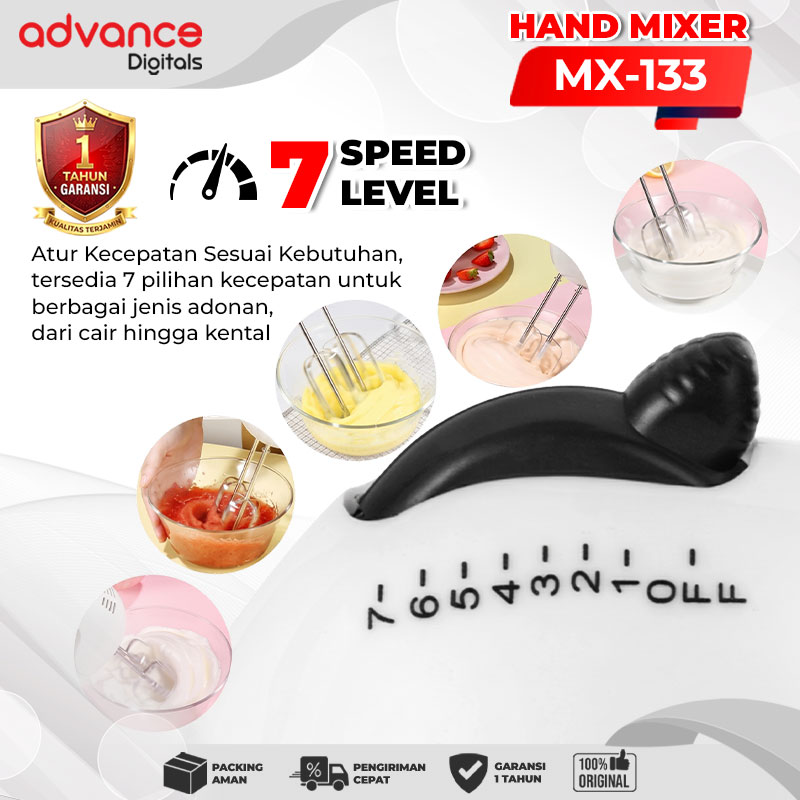 Advance Digitals MX-133 Electric Mixer Pengaduk Adonan Multifungsi Garansi Resmi 1 Tahun / Hand Mixer Roti dan Kue MX133 7 Percepatan / MX 133 7 Speed dengan 4 Pilihan Warna Putih Pink Biru Hijau