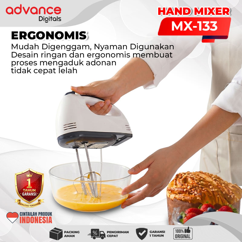 Advance Digitals MX-133 Electric Mixer Pengaduk Adonan Multifungsi Garansi Resmi 1 Tahun / Hand Mixer Roti dan Kue MX133 7 Percepatan / MX 133 7 Speed dengan 4 Pilihan Warna Putih Pink Biru Hijau