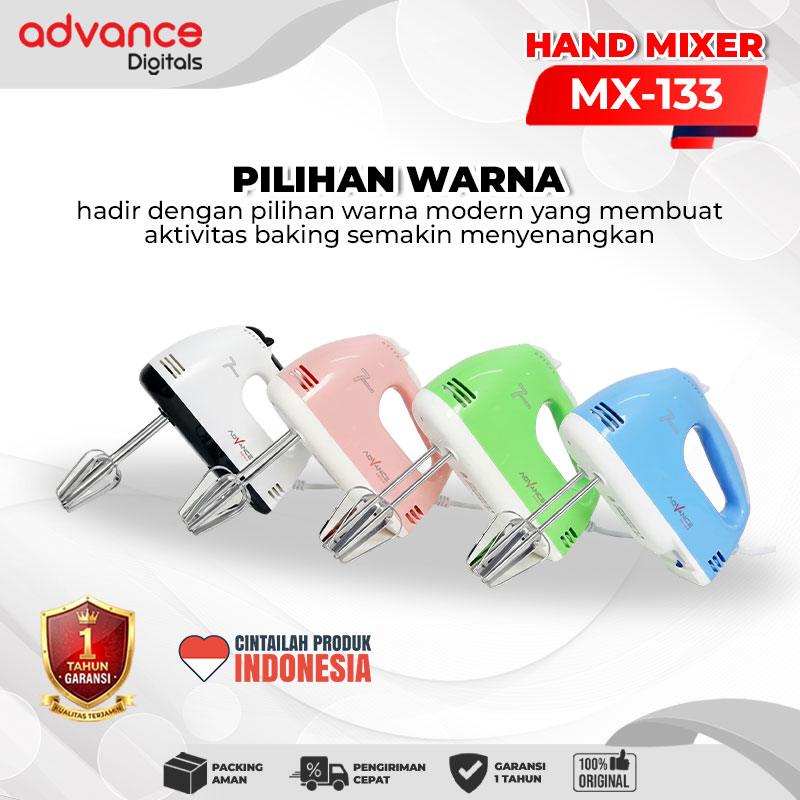 Advance Digitals MX-133 Electric Mixer Pengaduk Adonan Multifungsi Garansi Resmi 1 Tahun / Hand Mixer Roti dan Kue MX133 7 Percepatan / MX 133 7 Speed dengan 4 Pilihan Warna Putih Pink Biru Hijau