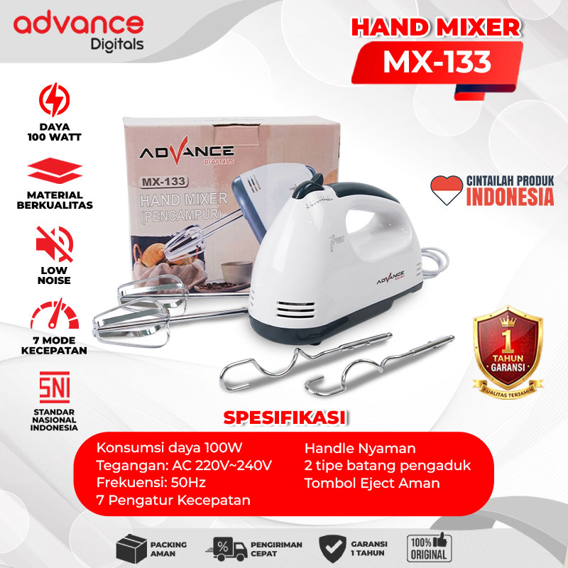 Advance Digitals MX-133 Electric Mixer Pengaduk Adonan Multifungsi Garansi Resmi 1 Tahun / Hand Mixer Roti dan Kue MX133 7 Percepatan / MX 133 7 Speed dengan 4 Pilihan Warna Putih Pink Biru Hijau