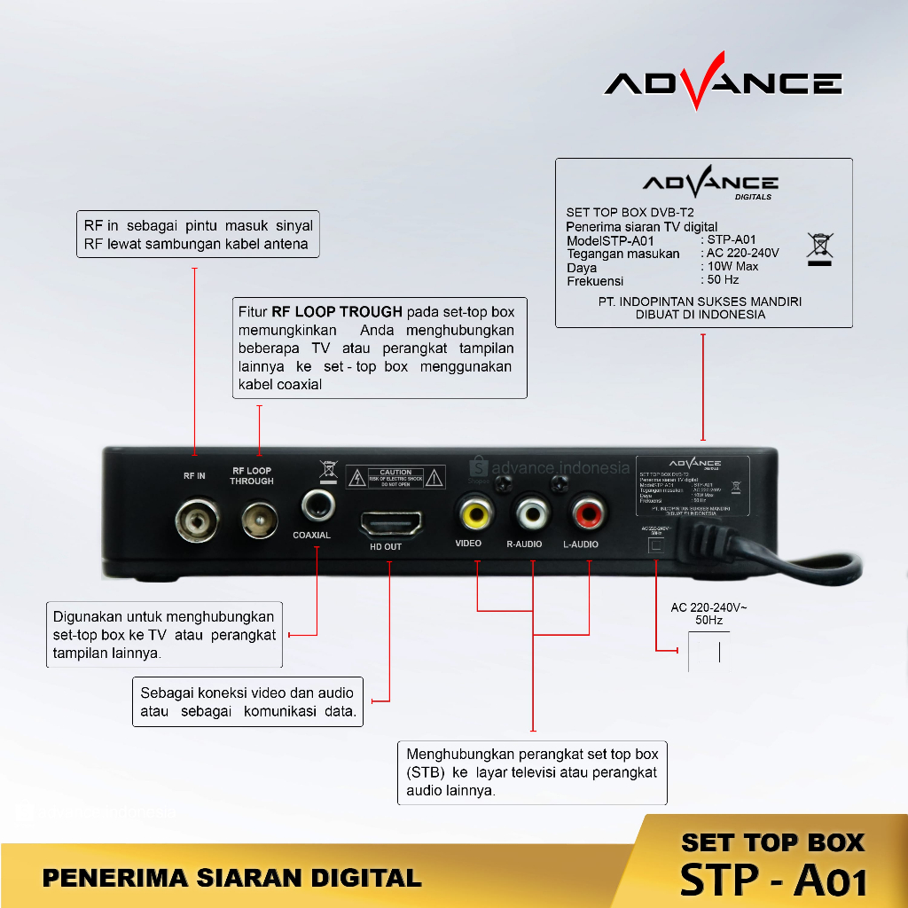Advance Digitals STP A01 STB TV DIGITAL Garansi Resmi 1 Tahun/STB Digital DVBT2 Full HD/Receiver Set Top Box