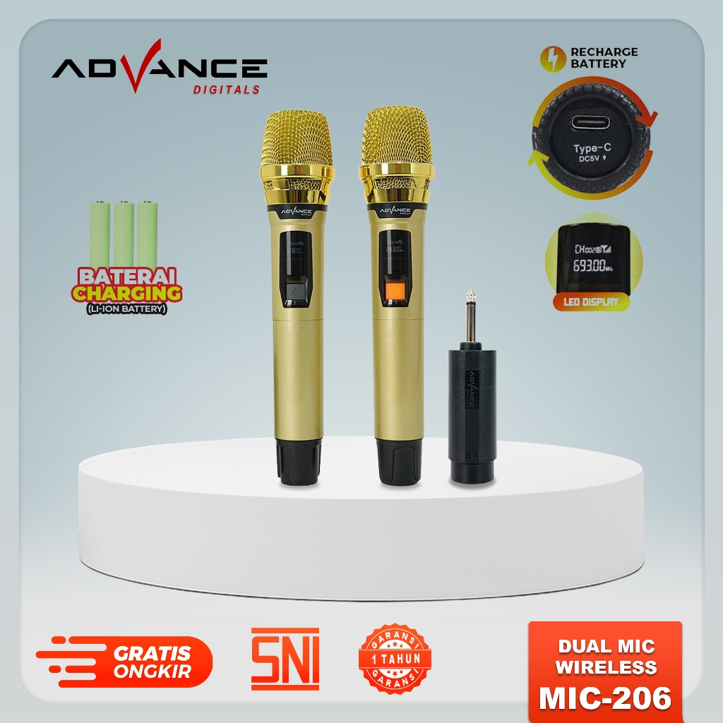 Advance Digitals MIC-206 Double Microphone Wireless UHF Recharger Bisa untuk Souncard/Speaker Garansi 1 Tahun
