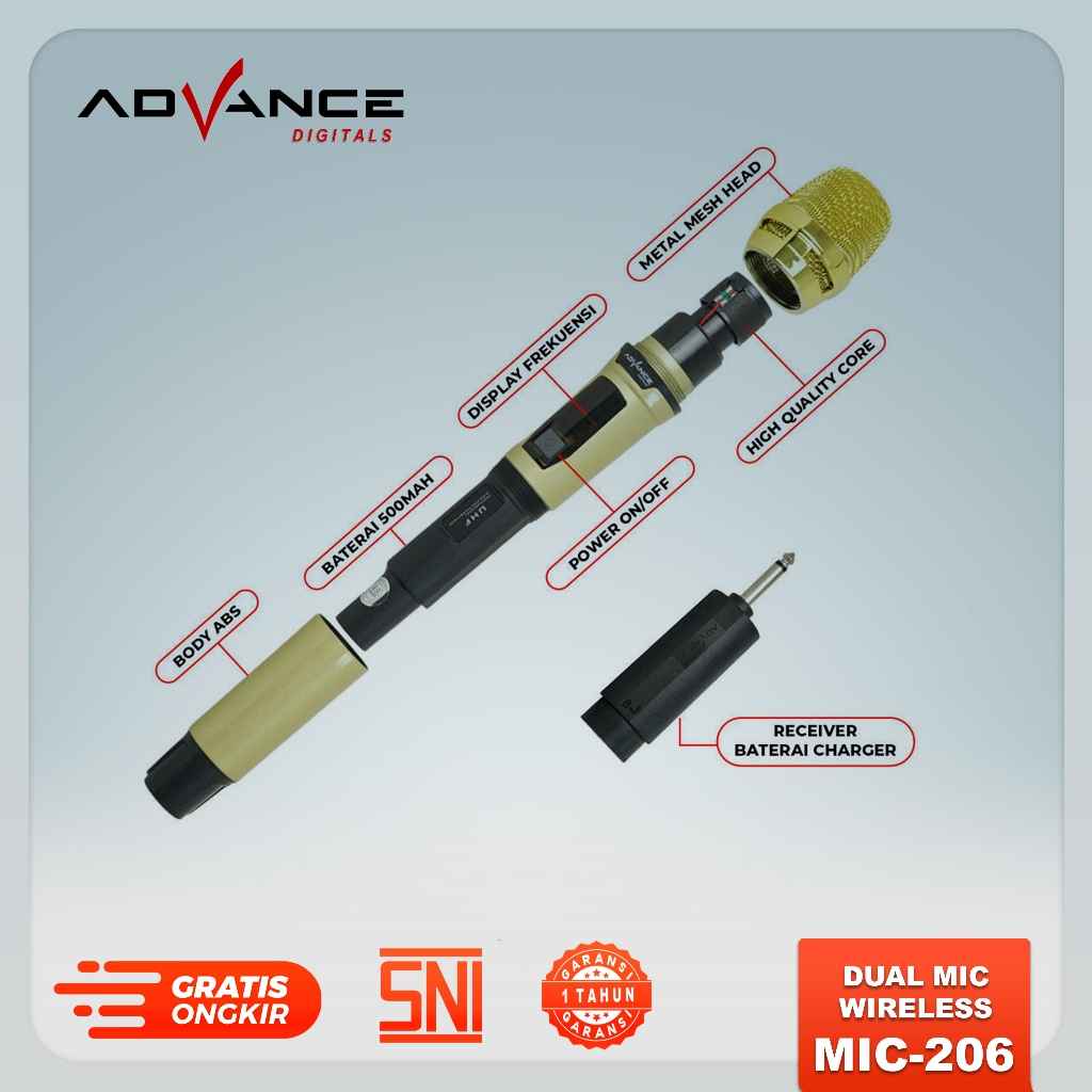 Advance Digitals MIC-206 Double Microphone Wireless UHF Recharger Bisa untuk Souncard/Speaker Garansi 1 Tahun