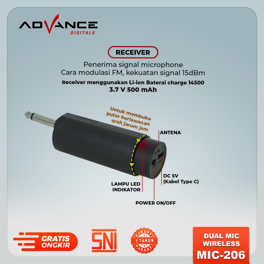 Advance Digitals MIC-206 Double Microphone Wireless UHF Recharger Bisa untuk Souncard/Speaker Garansi 1 Tahun