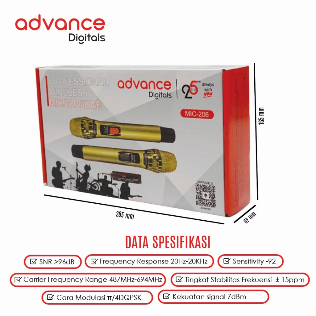 Advance Digitals MIC-206 Double Microphone Wireless UHF Recharger Bisa untuk Souncard/Speaker Garansi 1 Tahun