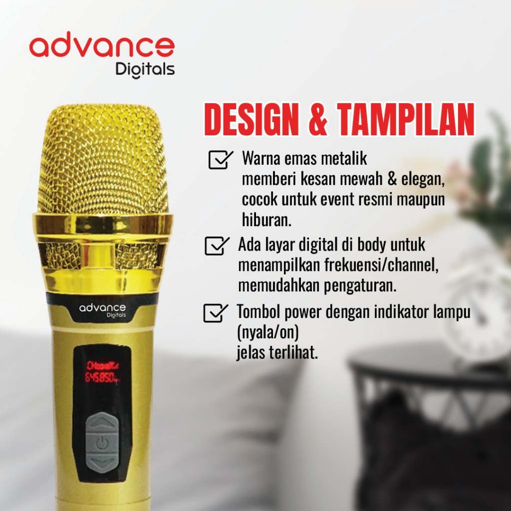 Advance Digitals MIC-206 Double Microphone Wireless UHF Recharger Bisa untuk Souncard/Speaker Garansi 1 Tahun