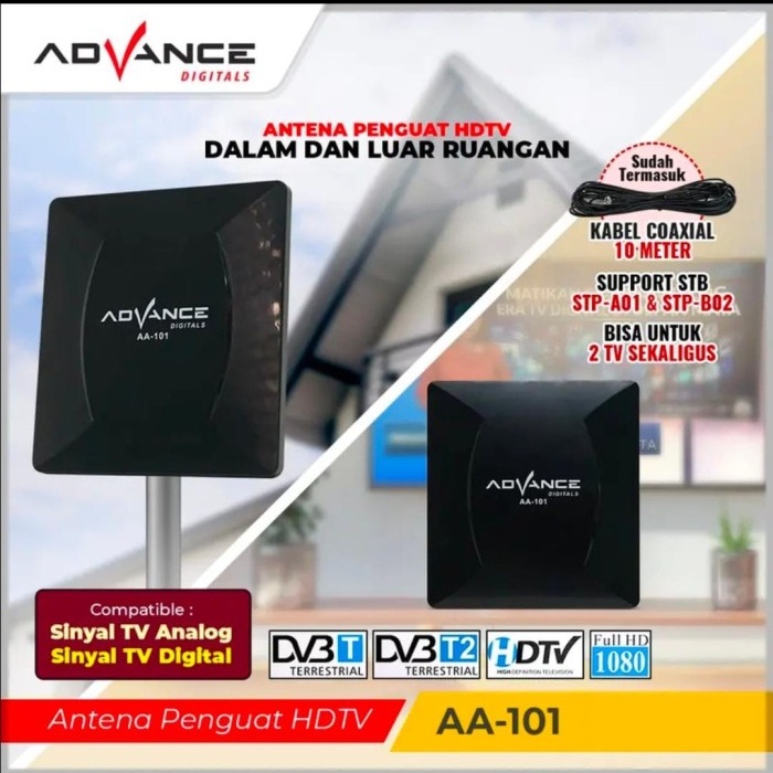 Advance Digitals Antena TV Indoor atau Outdoor Advance AA-101 Garansi Resmi 1 Tahun Penguat HDTV Digital Bisa Untuk TV tabung dan LED TV / AA101 Antena Dalam dan Luar Ruangan Sudah ada bracket untuk tiang antena AA101
