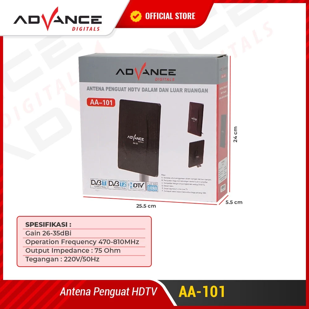 Advance Digitals Antena TV Indoor atau Outdoor Advance AA-101 Garansi Resmi 1 Tahun Penguat HDTV Digital Bisa Untuk TV tabung dan LED TV / AA101 Antena Dalam dan Luar Ruangan Sudah ada bracket untuk tiang antena AA101