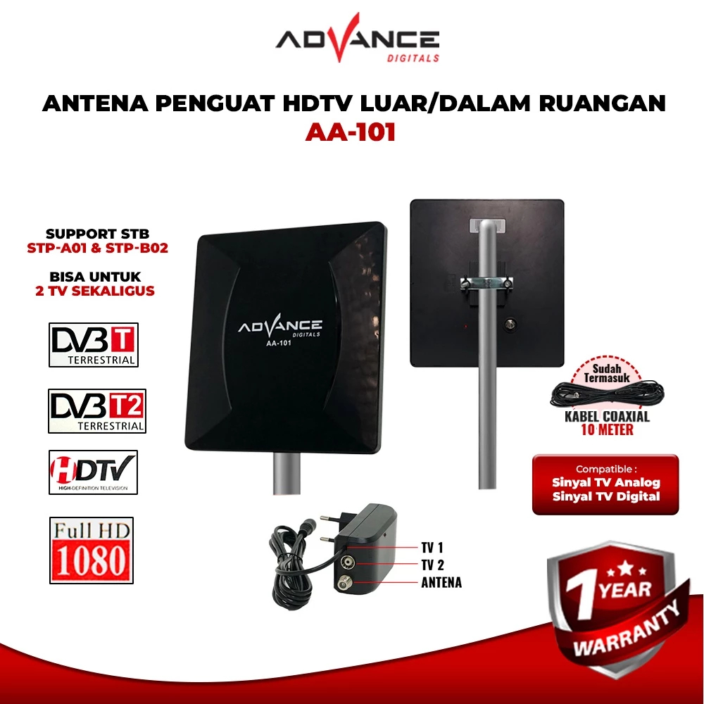 Advance Digitals Antena TV Indoor atau Outdoor Advance AA-101 Garansi Resmi 1 Tahun Penguat HDTV Digital Bisa Untuk TV tabung dan LED TV / AA101 Antena Dalam dan Luar Ruangan Sudah ada bracket untuk tiang antena AA101