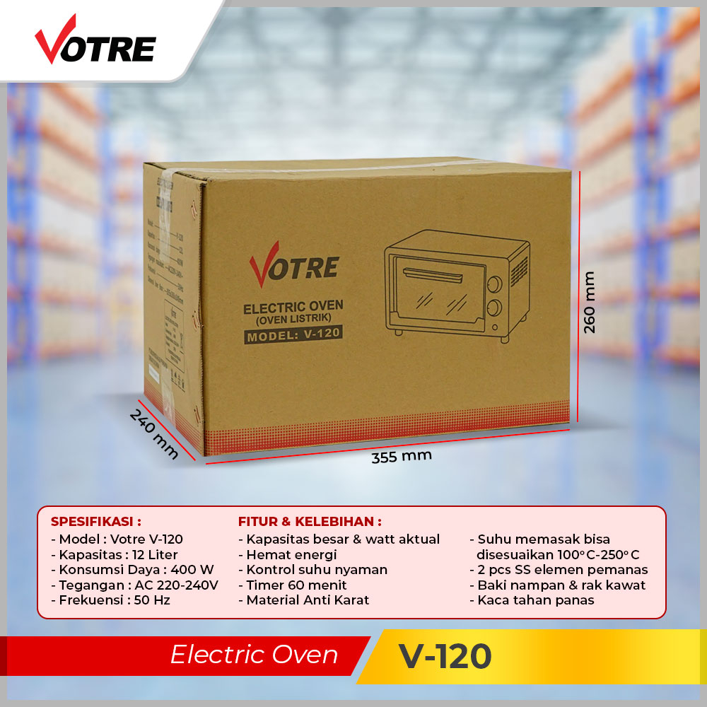 Votre Oven Listrik V-120 Pemanggang 12 Liter 2 Element 400 Watt Garansi Resmi 12 Bulan
