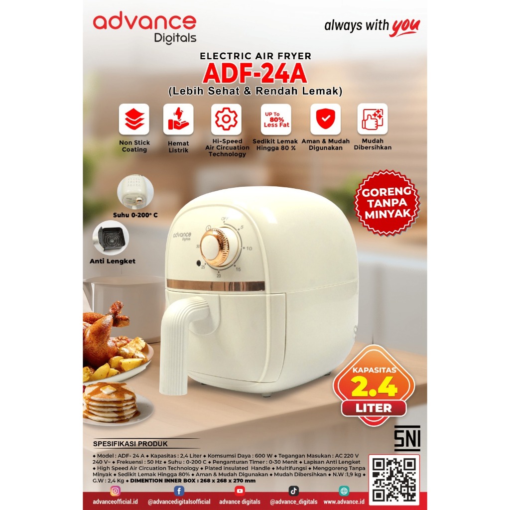Advance Digitals Air Fryer ADF24A Alat Menggoreng Tanpa Minyak Garansi Resmi 1 Tahun