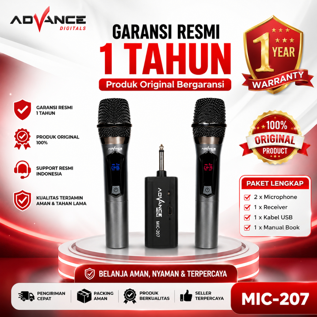 Advance Digitals MIC-207 Double Mic Wireless Recharger Bisa digunakan untuk Souncard/Speaker Garansi Resmi 1 Tahun Gold Microphone