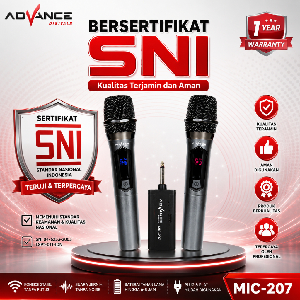 Advance Digitals MIC-207 Double Mic Wireless Recharger Bisa digunakan untuk Souncard/Speaker Garansi Resmi 1 Tahun Gold Microphone