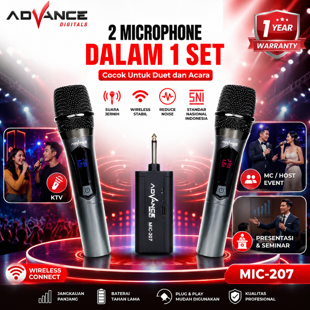 Advance Digitals MIC-207 Double Mic Wireless Recharger Bisa digunakan untuk Souncard/Speaker Garansi Resmi 1 Tahun Gold Microphone