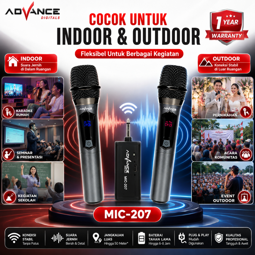 Advance Digitals MIC-207 Double Mic Wireless Recharger Bisa digunakan untuk Souncard/Speaker Garansi Resmi 1 Tahun Gold Microphone
