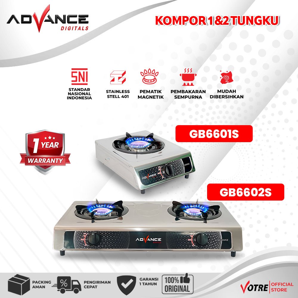 Advance Kompor Gas 1 Tungku GB6602S & GB6601S Body Full Stainless Steel kompor Api Biru