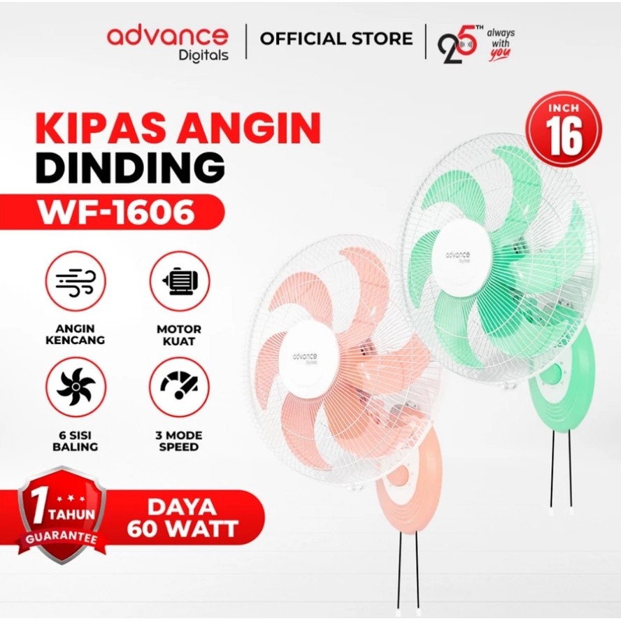 Advance Digitals WF-1606 Kipas Angin Dinding 6 Baling Baling 40 Watt 16 inch 3 Kecepatan Garansi Resmi 1 Tahun