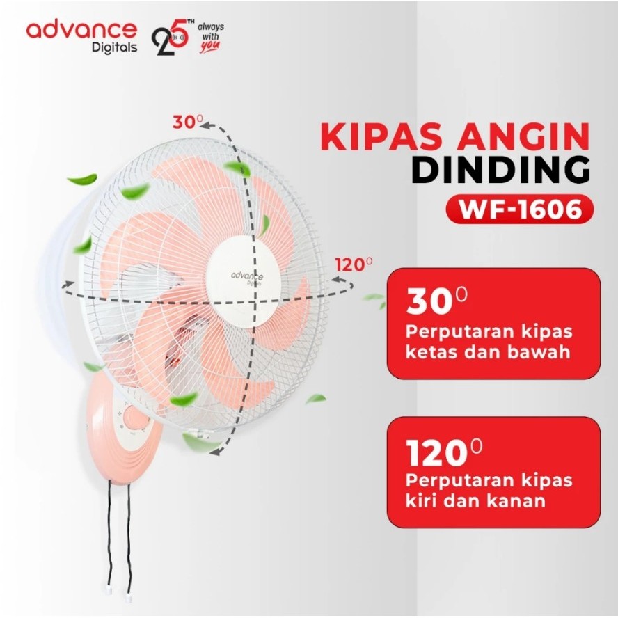 Advance Digitals WF-1606 Kipas Angin Dinding 6 Baling Baling 40 Watt 16 inch 3 Kecepatan Garansi Resmi 1 Tahun
