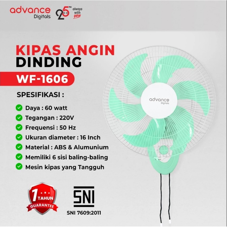 Advance Digitals WF-1606 Kipas Angin Dinding 6 Baling Baling 40 Watt 16 inch 3 Kecepatan Garansi Resmi 1 Tahun