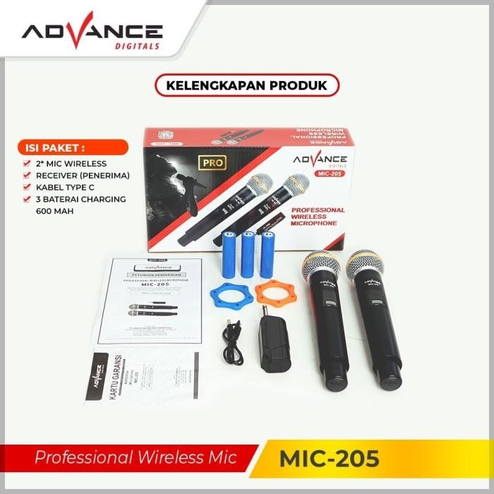 Advance Digitals MIC-205 Double Mic Wireless Recharger Bisa digunakan untuk Souncard/Speaker Garansi Resmi 1 Tahun Gold Microphone