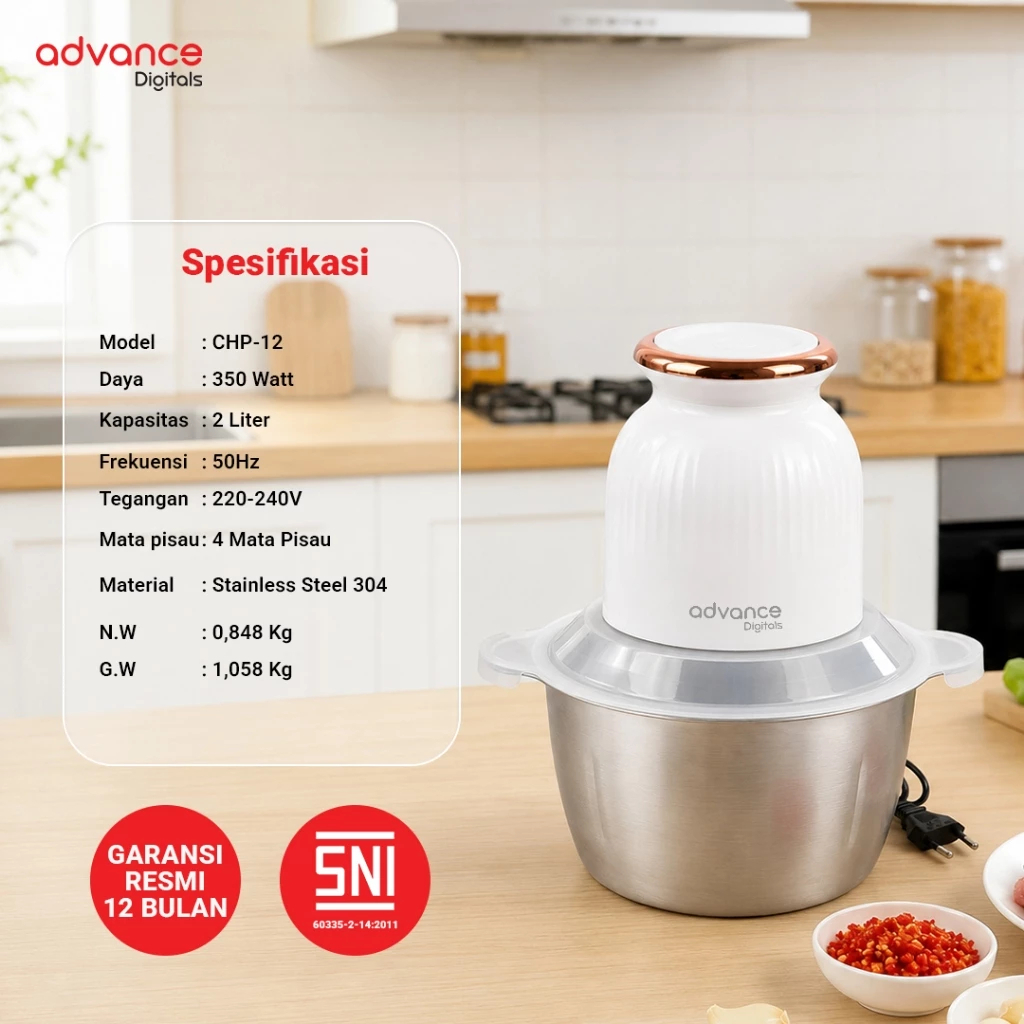 Advance Digitals CHOPPER CHP-12 Multifungsi Penghalus Bumbu, Daging dan Sayur ukuran 2Liter CHOPPER 350 Watt Garansi 12 Bulan
