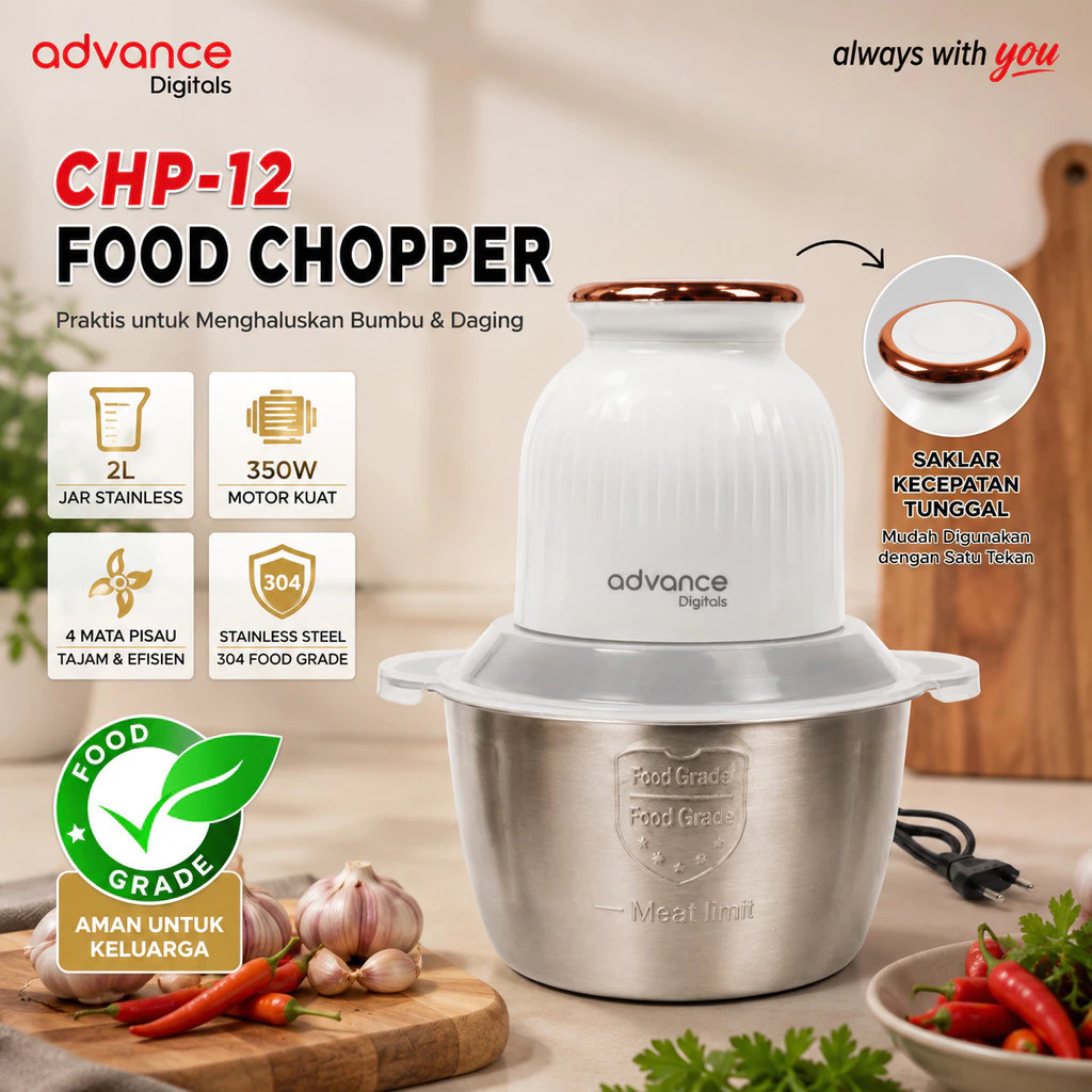 Advance Digitals CHOPPER CHP-12 Multifungsi Penghalus Bumbu, Daging dan Sayur ukuran 2Liter CHOPPER 350 Watt Garansi 12 Bulan