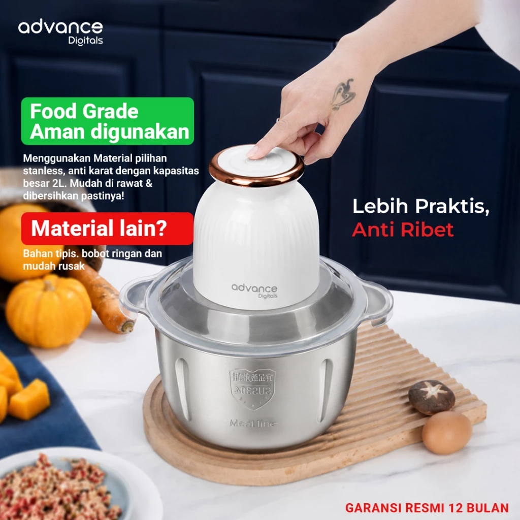 Advance Digitals CHOPPER CHP-12 Multifungsi Penghalus Bumbu, Daging dan Sayur ukuran 2Liter CHOPPER 350 Watt Garansi 12 Bulan
