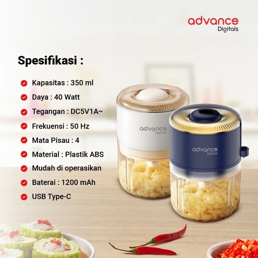 Advance Digitals CHP-03E Penggiling Daging Chopper Portable 4 Mata Pisau Stainless 1200 mAh Garansi Resmi 1 Tahun