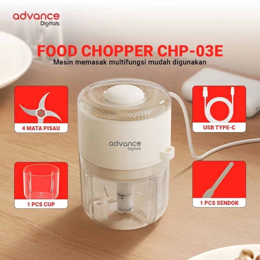 Advance Digitals CHP-03E Penggiling Daging Chopper Portable 4 Mata Pisau Stainless 1200 mAh Garansi Resmi 1 Tahun