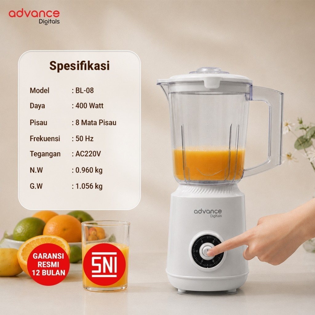 Advance Digitals BL-08 Blender Listrik 1.200ml 8 Mata Pisau Safety System Lock Daya 400 Watt Garansi 1 Tahun