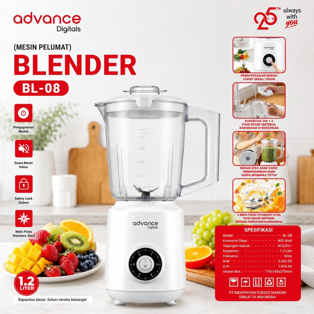 Advance Digitals BL-08 Blender Listrik 1.200ml 8 Mata Pisau Safety System Lock Daya 400 Watt Garansi 1 Tahun