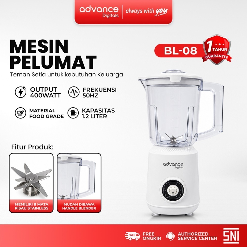 Advance Digitals BL-08 Blender Listrik 1.200ml 8 Mata Pisau Safety System Lock Daya 400 Watt Garansi 1 Tahun