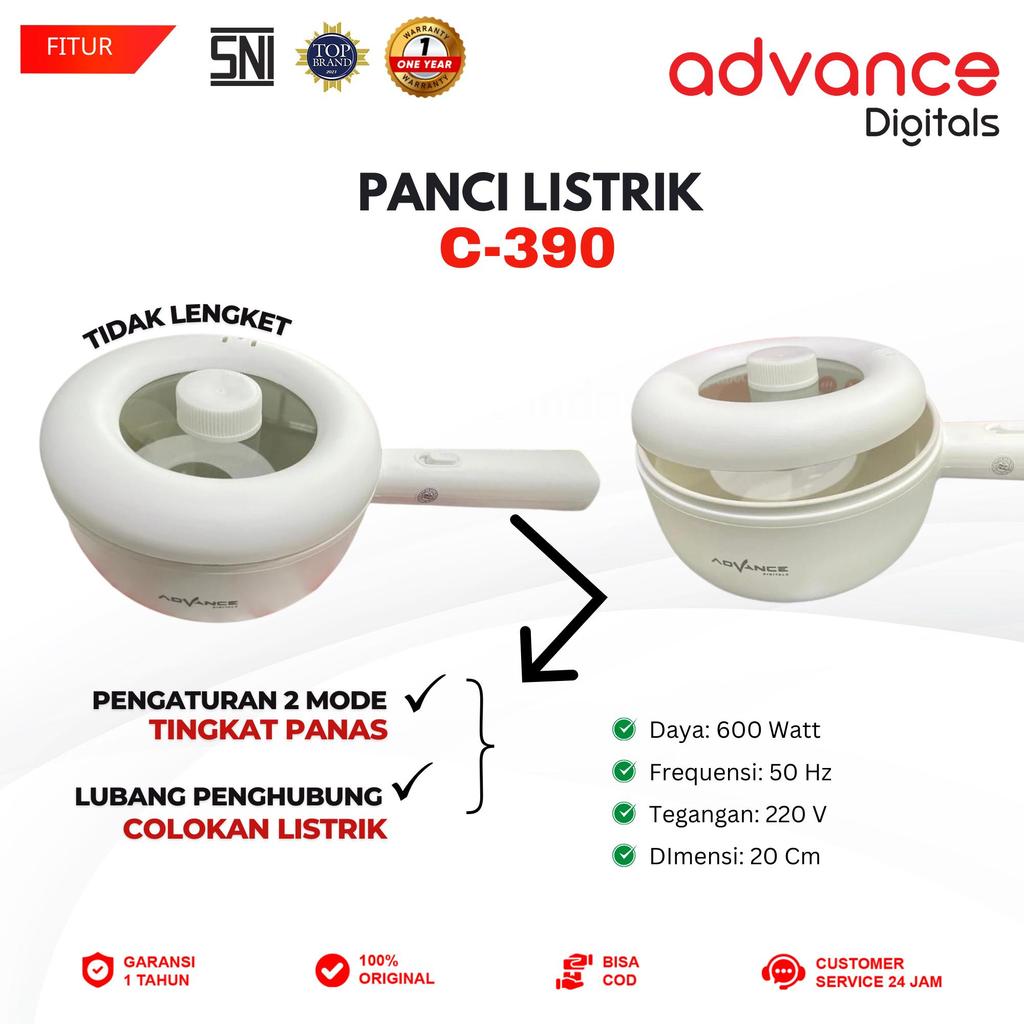 Advance Digitals C-390 Panci Listrik Serbaguna 600 Watt Ukuran 20 cm Garansi Resmi 1 Tahun