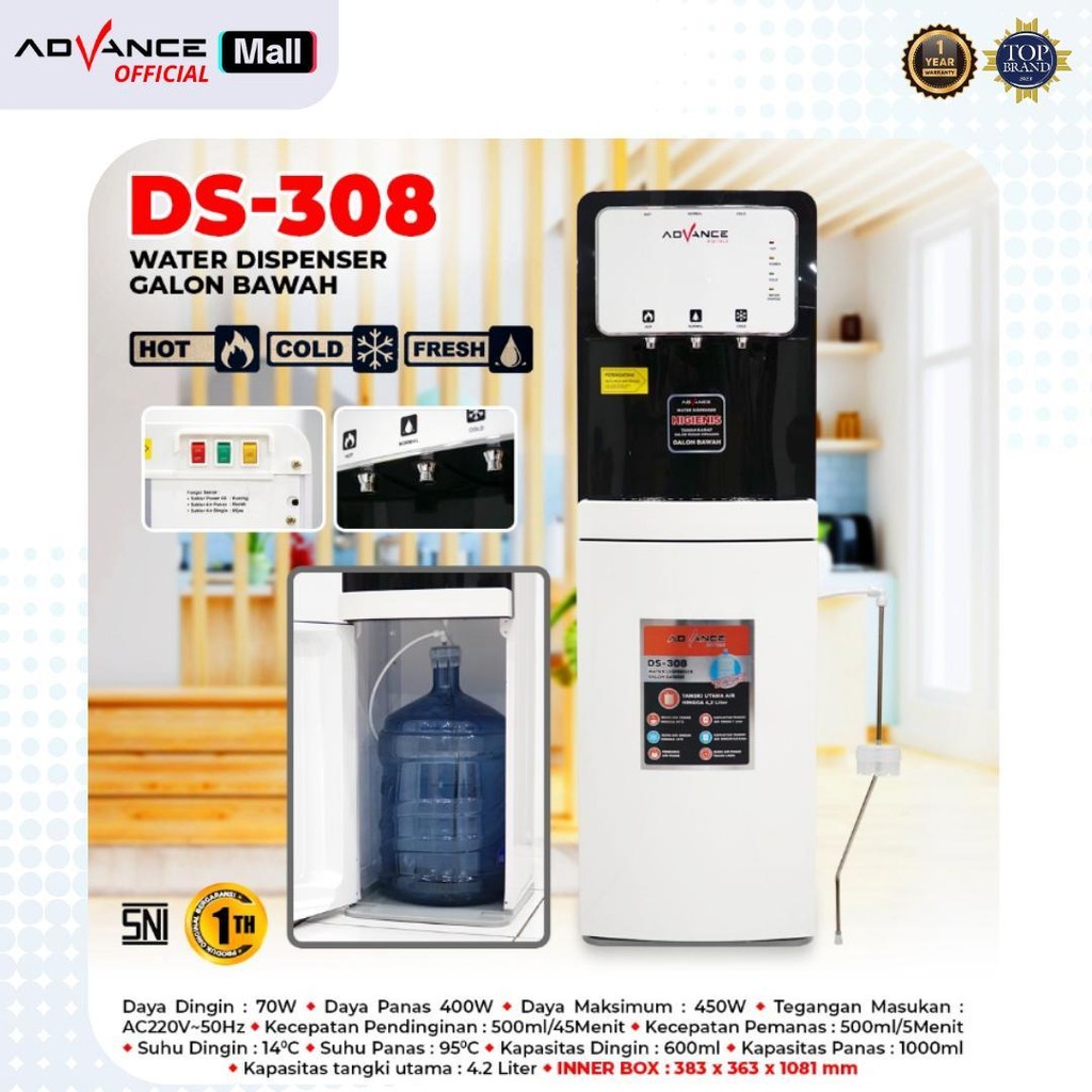 Advance Digitals Dispenser Air Galon Bawah DS-308 Low Waat 3in1 Hot Cool Fresh Daya Maksimal 400 Watt Garansi Resmi 1 Tahun