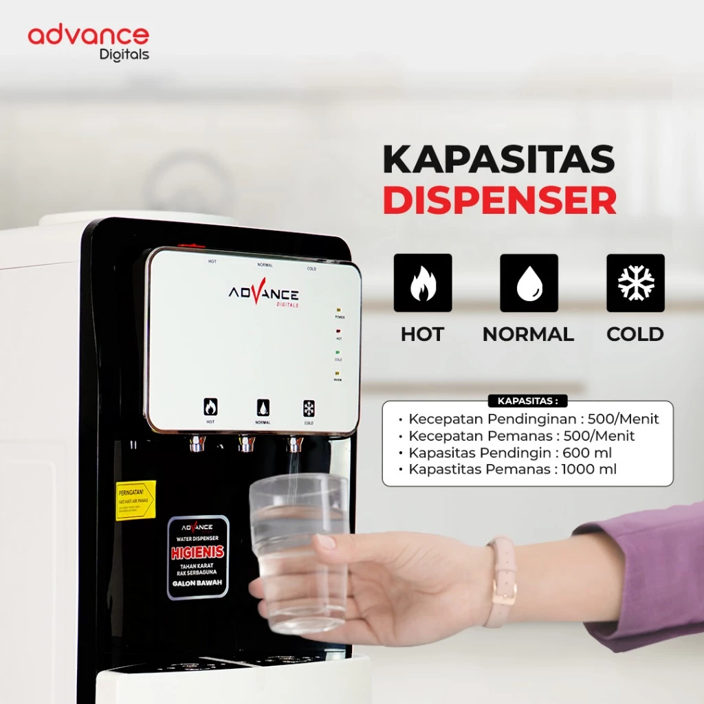 Advance Digitals Dispenser Air Galon Bawah DS-308 Low Waat 3in1 Hot Cool Fresh Daya Maksimal 400 Watt Garansi Resmi 1 Tahun