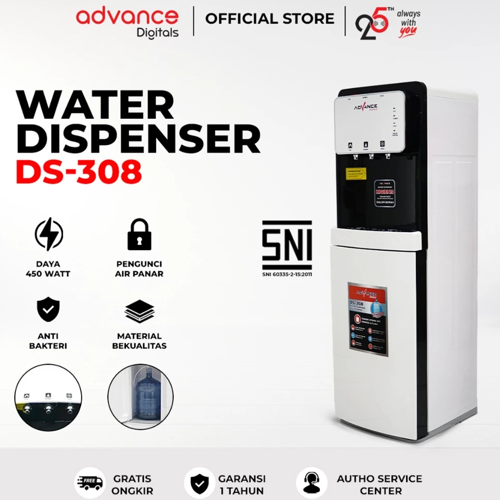 Advance Digitals Dispenser Air Galon Bawah DS-308 Low Waat 3in1 Hot Cool Fresh Daya Maksimal 400 Watt Garansi Resmi 1 Tahun