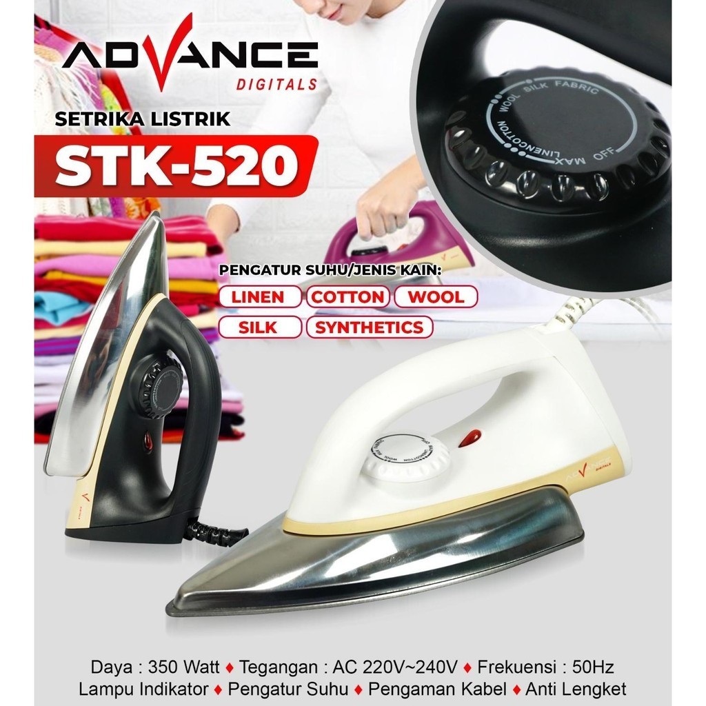 Advance Digitals STK-520 Setrika Listrik (Dry Iron) Anti Lengket 350 Watt Hemat Listrik Garansi Resmi