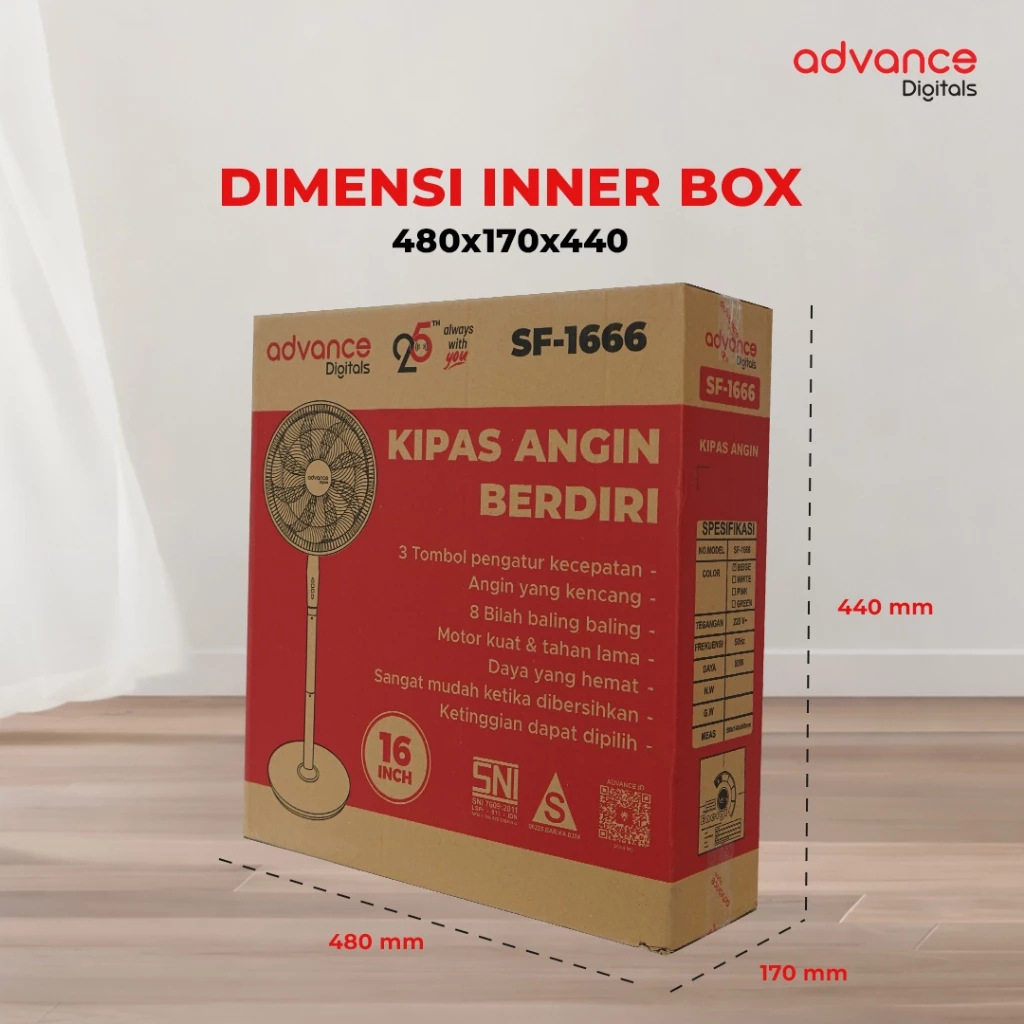 Advance Digitals SF-1666 Kipas Angin Berdiri / Stand Fan 16" 8 Baling baling Kipas Aesthetic Garansi 1 Tahun