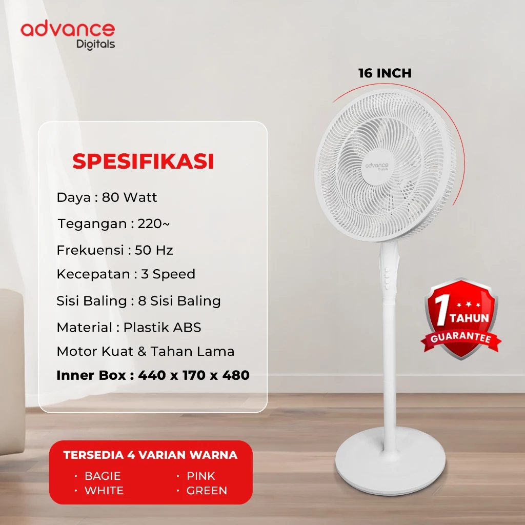 Advance Digitals SF-1666 Kipas Angin Berdiri / Stand Fan 16" 8 Baling baling Kipas Aesthetic Garansi 1 Tahun