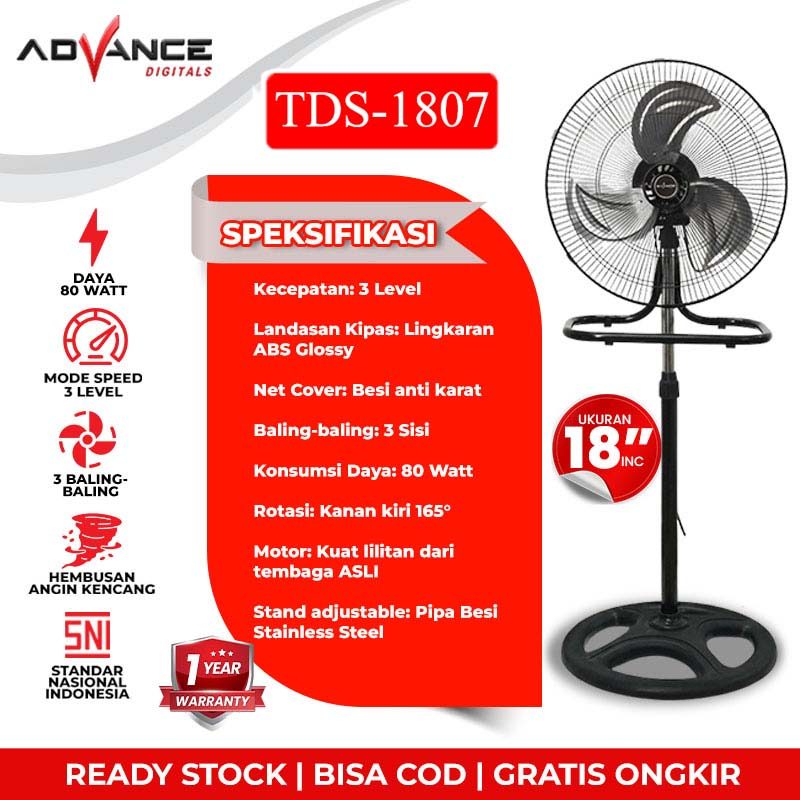Advance Digitals TDS-1807 Kipas Angin 18" Stand Fan Kipas Angin Berdiri Bahan dari Besi Garansi Resmi 1 Tahun