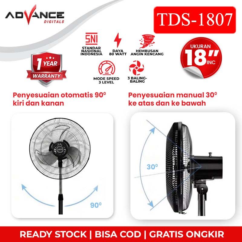 Advance Digitals TDS-1807 Kipas Angin 18" Stand Fan Kipas Angin Berdiri Bahan dari Besi Garansi Resmi 1 Tahun
