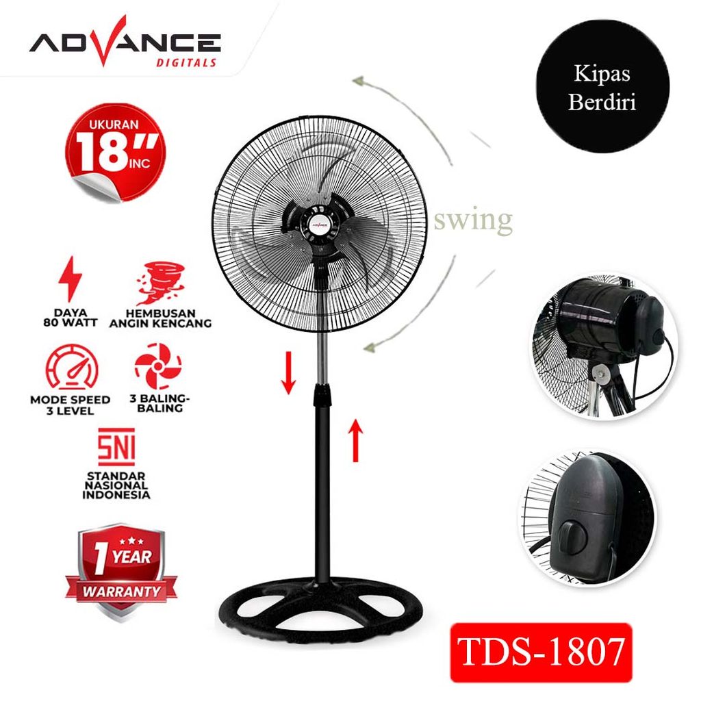 Advance Digitals TDS-1807 Kipas Angin 18" Stand Fan Kipas Angin Berdiri Bahan dari Besi Garansi Resmi 1 Tahun