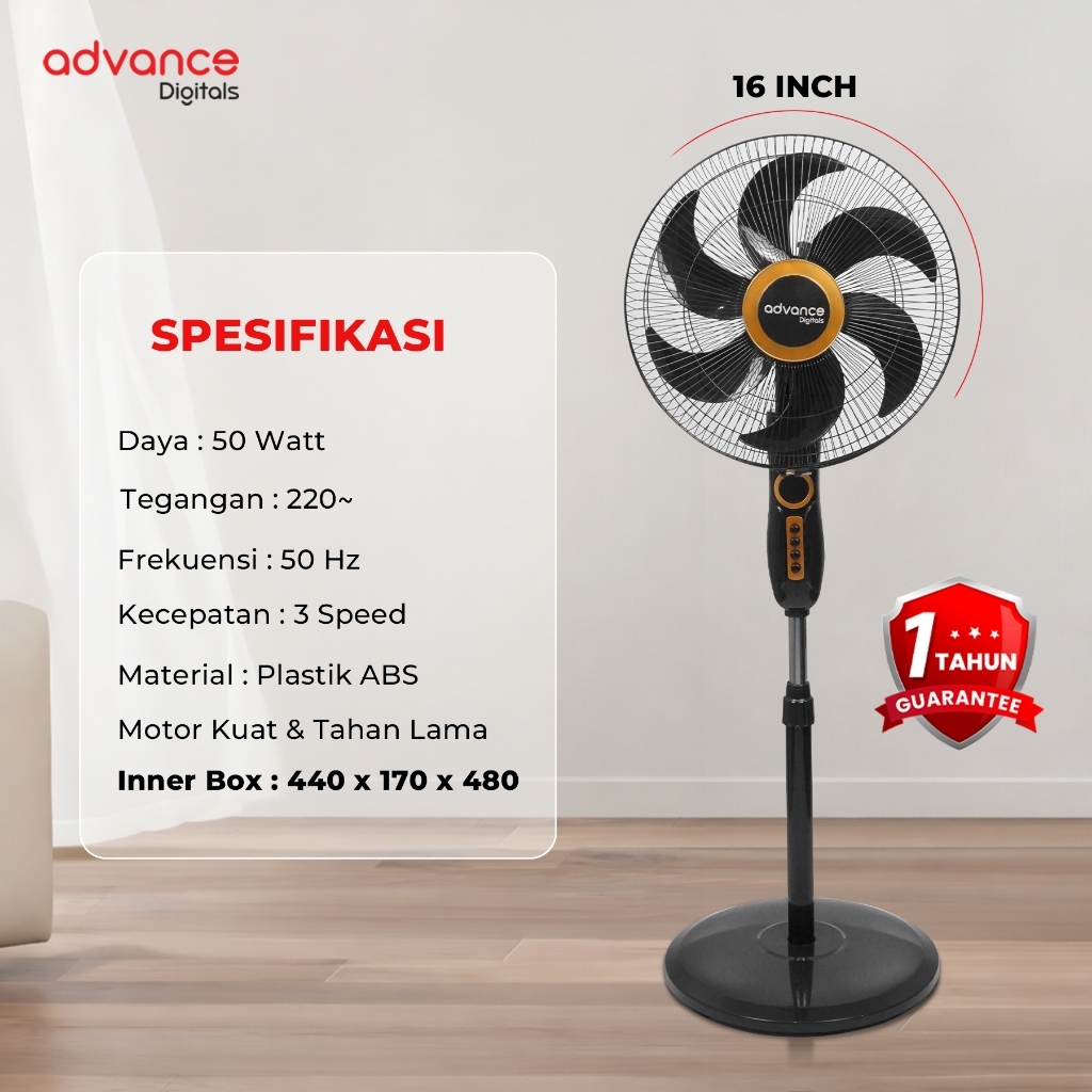 Advance Digitals SF-1632 Kipas Angin 16" Dengan 5 Baling-Baling Garansi Resmi 1 Tahun