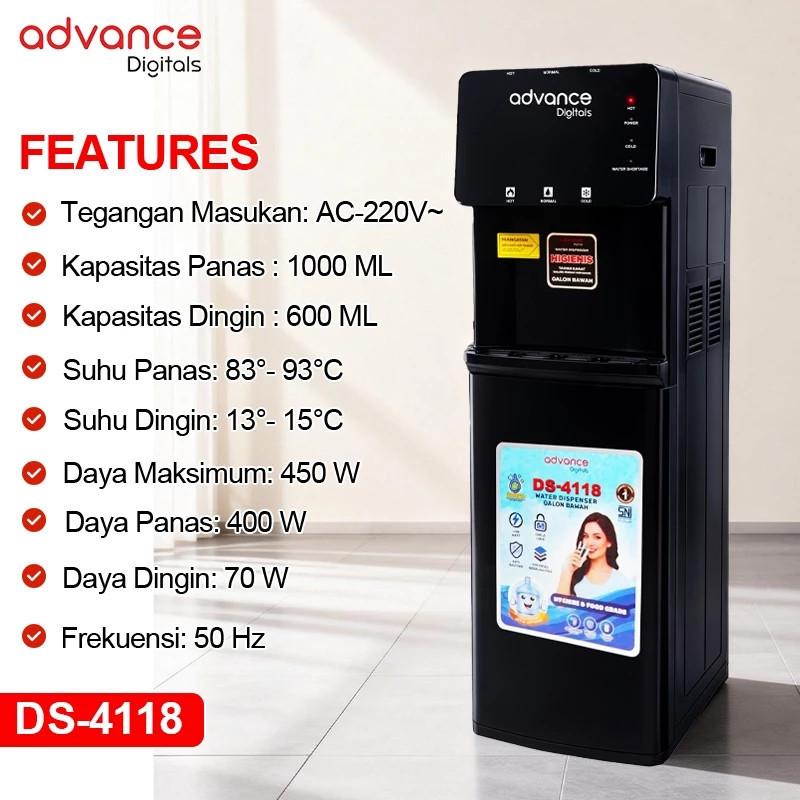 Advance Digitals DS-4118 Water Dispenser Air Galon Bawah 3in1 Hot Cool Fresh Daya 450 Watt Garansi Resmi 1 Tahun