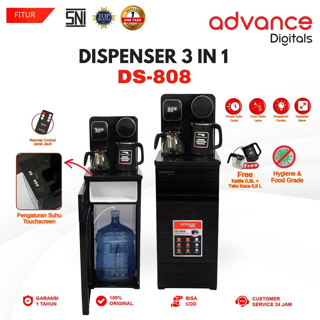 Advance Digitals DS-808 Water Dispenser Air Galon Bawah 3in1 Hot Cool Fresh Paylater Daya Maksimal 690 Watt Garansi Resmi 1 Tahun Free Ketel dan Teko Kaca