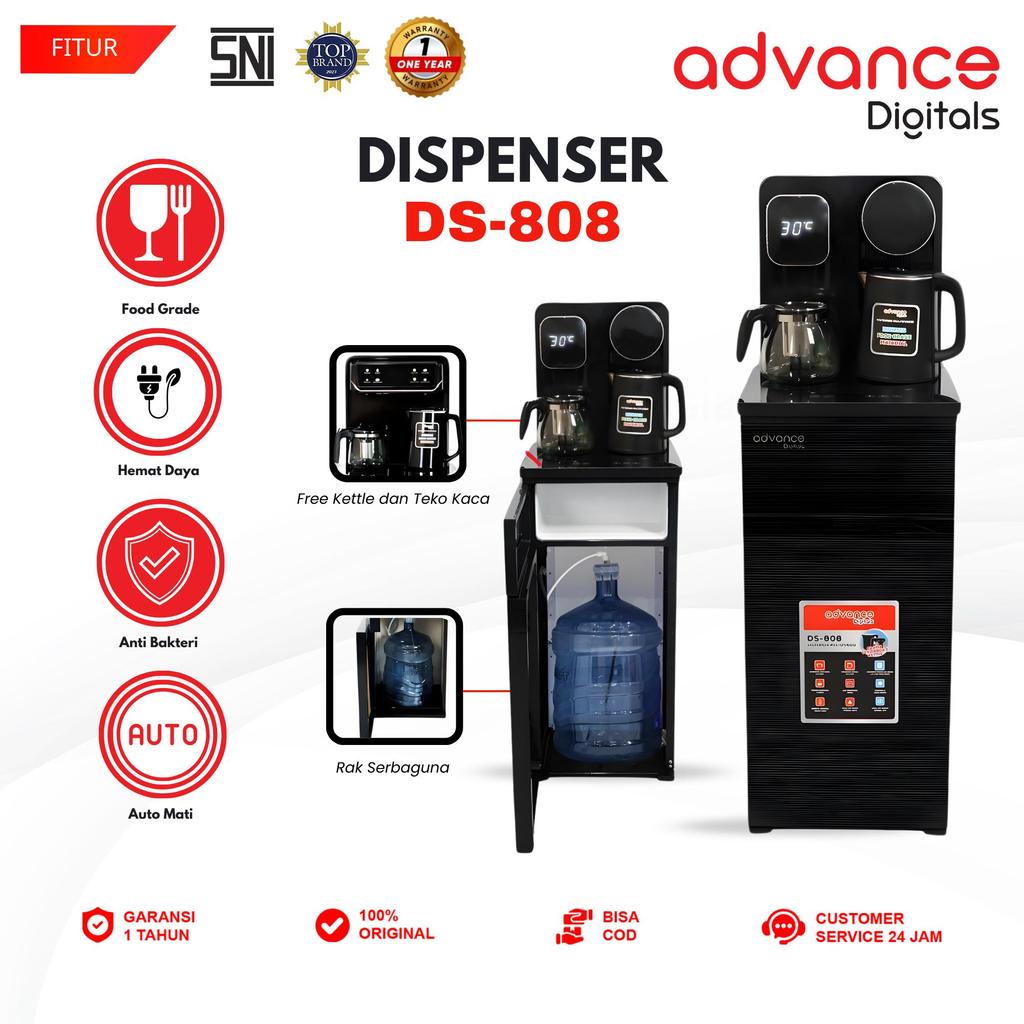 Advance Digitals DS-808 Water Dispenser Air Galon Bawah 3in1 Hot Cool Fresh Paylater Daya Maksimal 690 Watt Garansi Resmi 1 Tahun Free Ketel dan Teko Kaca