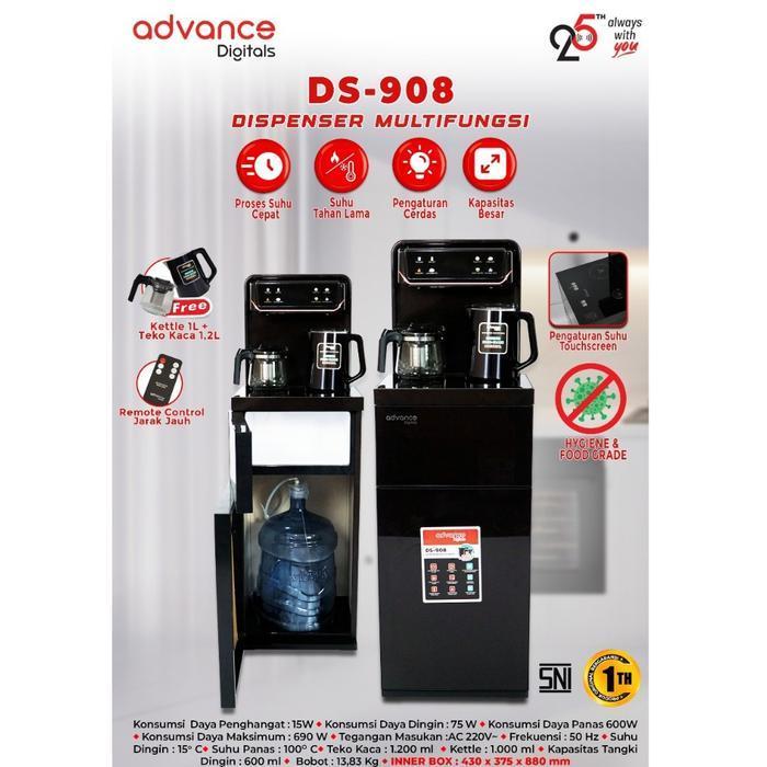 Advance Digitals DS-908 Water Dispenser Air Galon Bawah 3in1 Hot Cool Fresh Paylater Daya Maksimal 600 Watt Garansi Resmi 1 Tahun Free Ketel dan Teko Kaca