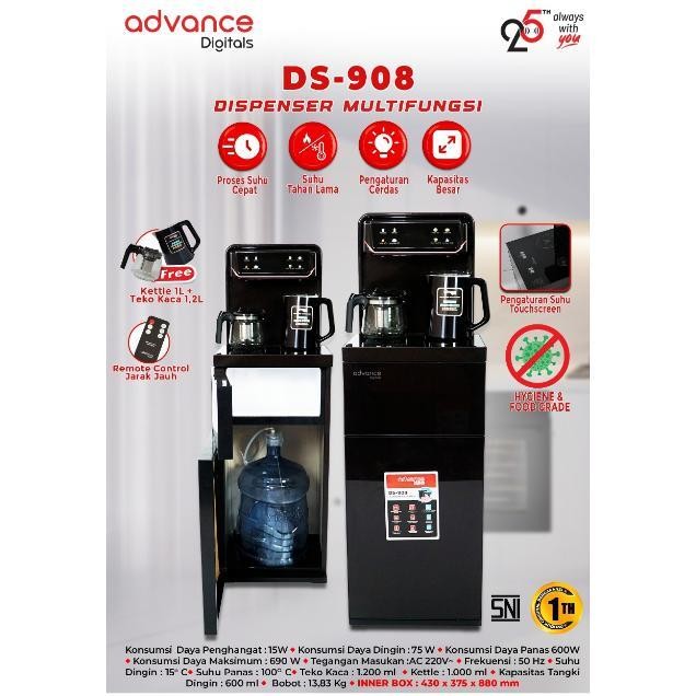 Advance Digitals DS-908 Water Dispenser Air Galon Bawah 3in1 Hot Cool Fresh Paylater Daya Maksimal 600 Watt Garansi Resmi 1 Tahun Free Ketel dan Teko Kaca