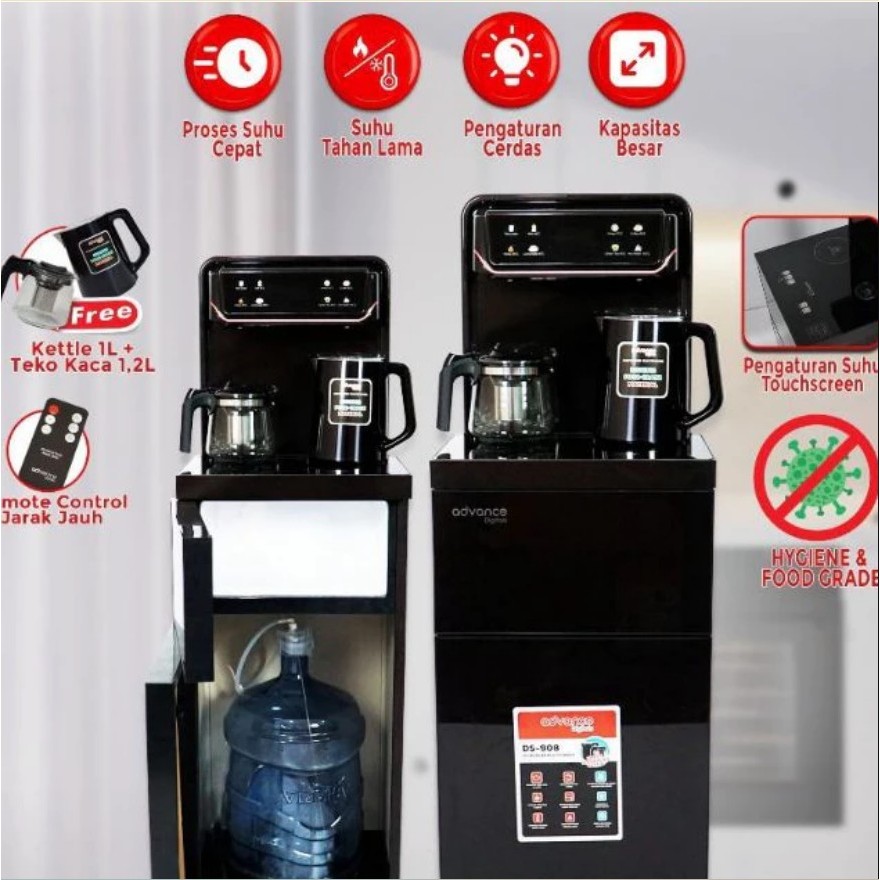 Advance Digitals DS-908 Water Dispenser Air Galon Bawah 3in1 Hot Cool Fresh Paylater Daya Maksimal 600 Watt Garansi Resmi 1 Tahun Free Ketel dan Teko Kaca